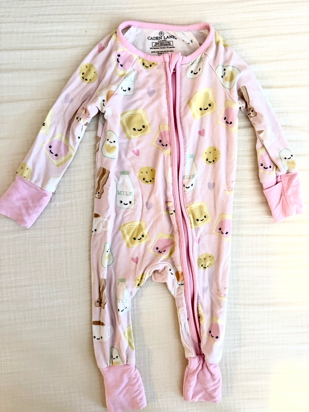Caden Lane Baby Girl Pajama Footie 0-3M Bamboo Pink & Yellow Breakfast print- EU